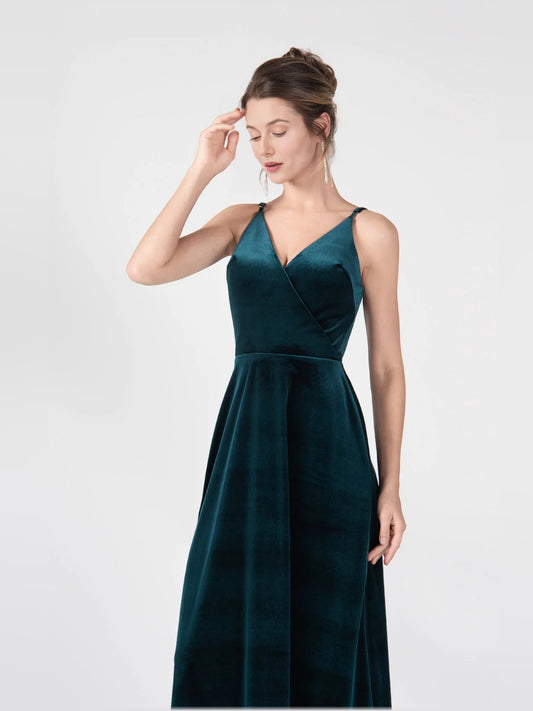 Dark Green a-line floor-length formal dress with V-neckline, alternate view