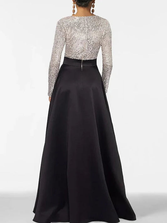 Black a-line floor-length formal dress with floral appliqué, alternate view