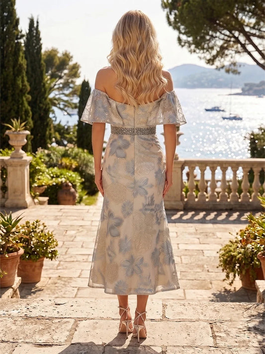 Light Blue midi mother of the bride dress, alternate view showing the bodice and skirt