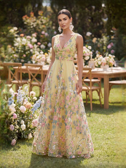 Yellow midi prom dress, alternate view showing the bodice and skirt