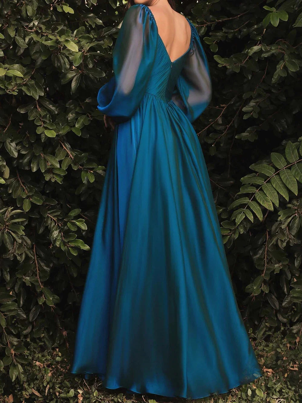 Teal a-line floor-length formal dress with V-neckline, alternate view