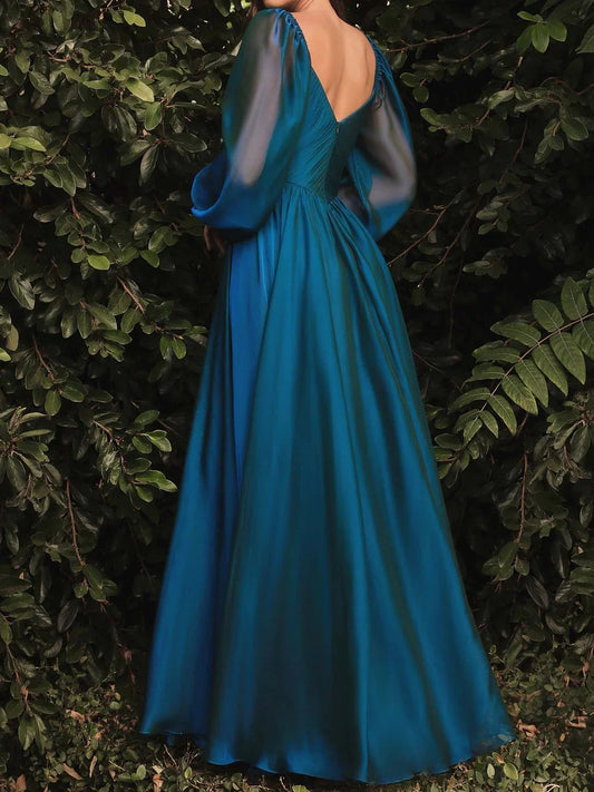 Teal a-line floor-length formal dress with V-neckline, alternate view
