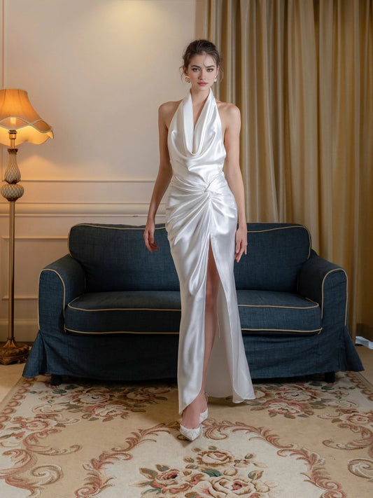 Ivory white maxi prom dress, alternate view showing the bodice and skirt