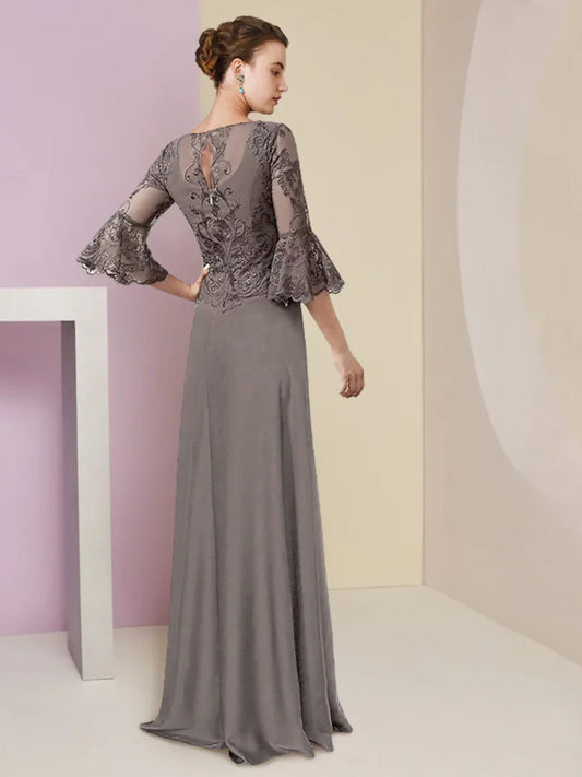 Grey floor-length mother of the bride dress, alternate view showing the bodice and skirt