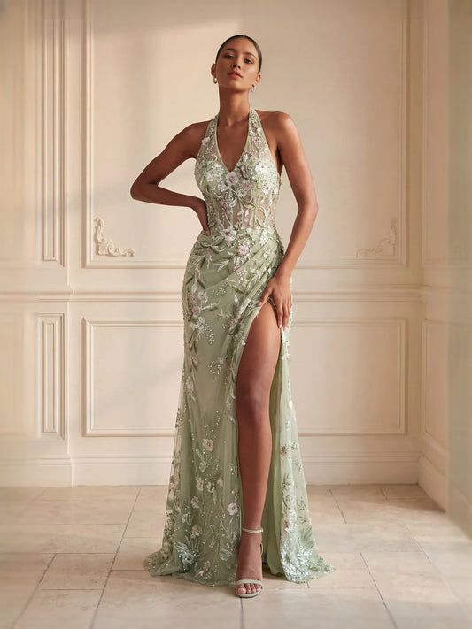 Dusty Sage floor-length prom dress, alternate view showing the bodice and skirt