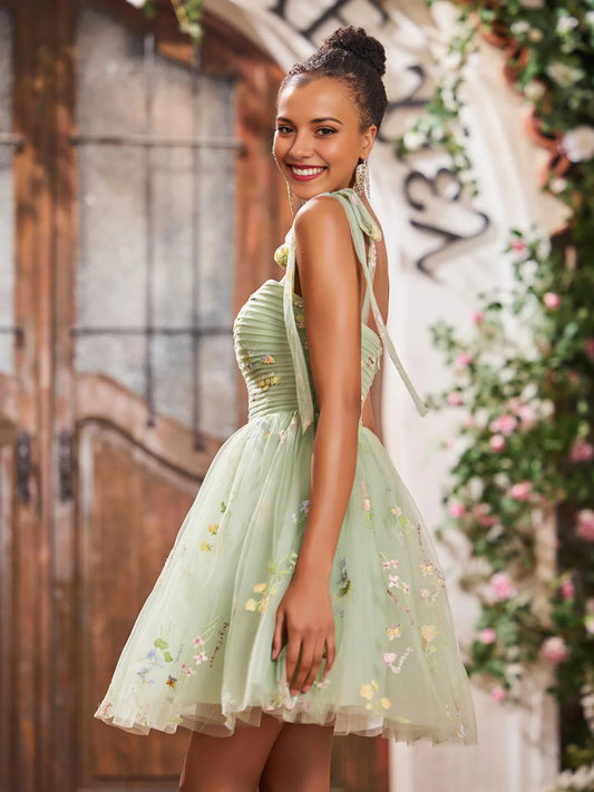 Dusty Sage mini homecoming dress, back view showing the rear of the dress