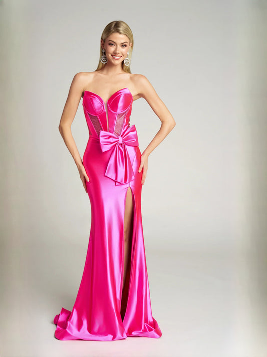 Fuchsia floor-length prom dress, alternate view showing the bodice and skirt