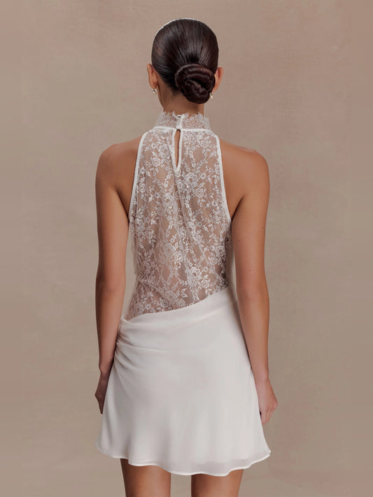 White mini homecoming dress, alternate view showing the bodice and skirt