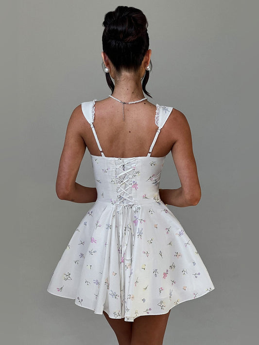 Floral mini homecoming dress, alternate view showing the bodice and skirt