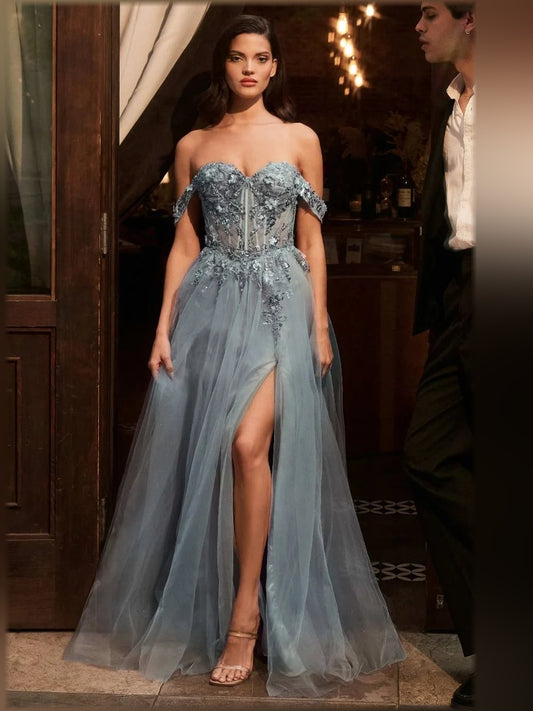 Slate Blue a-line floor-length formal dress with skirt slit, alternate view