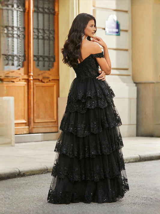 Black floor-length prom dress, alternate view showing the bodice and skirt