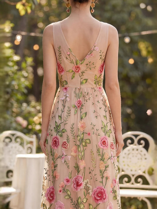 Floral maxi bridesmaid dress, alternate view showing the bodice and skirt