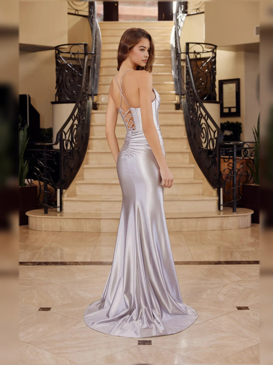 Silver mermaid floor-length formal dress with skirt slit, alternate view