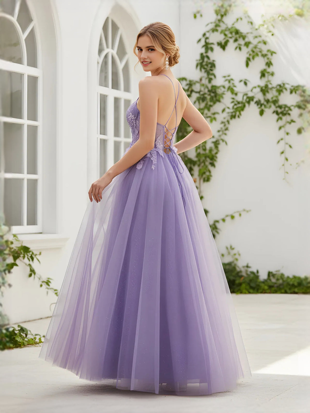 Lilac floor-length prom dress, alternate view showing the bodice and skirt