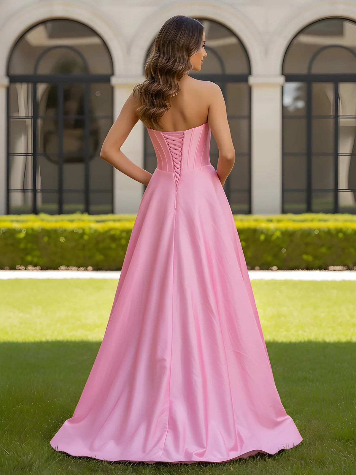 Pink a-line floor-length formal dress with bow detail, alternate view