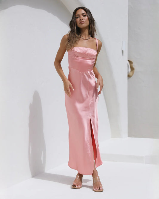 sleeveless satin a-line maxi bridesmaid dress - image 2