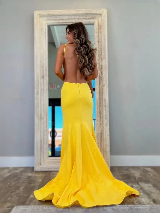 Yellow floor-length prom dress, back view showing the rear of the dress