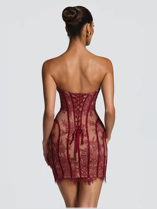 Black bodycon mini formal dress with corset-style bodice, alternate view