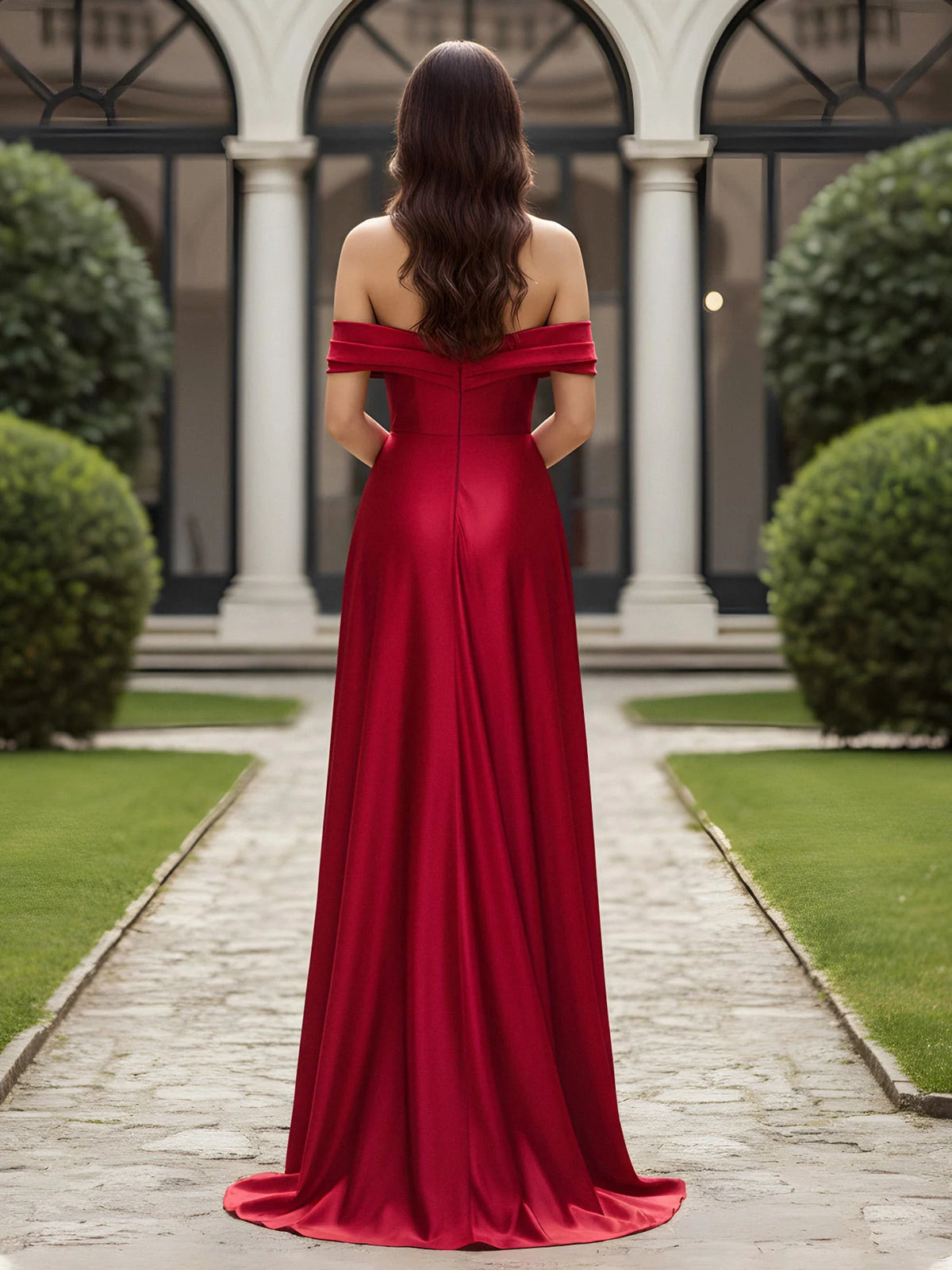 Burgundy a-line floor-length formal dress with skirt slit, alternate view