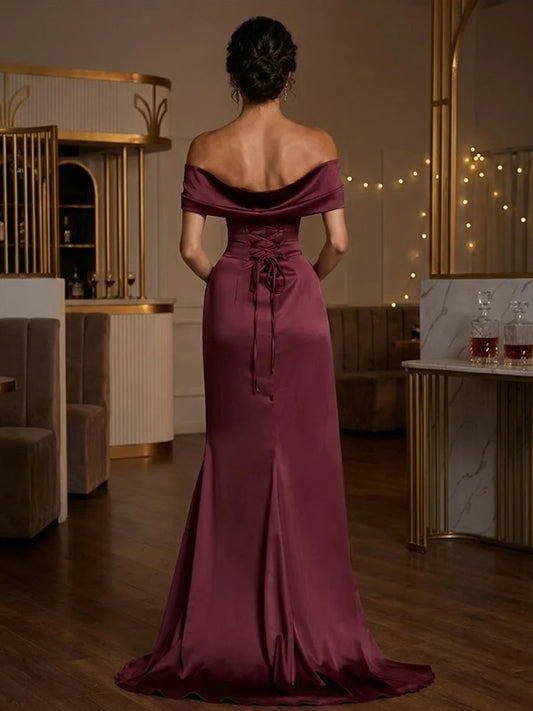 Burgundy mermaid maxi formal dress with skirt slit, alternate view