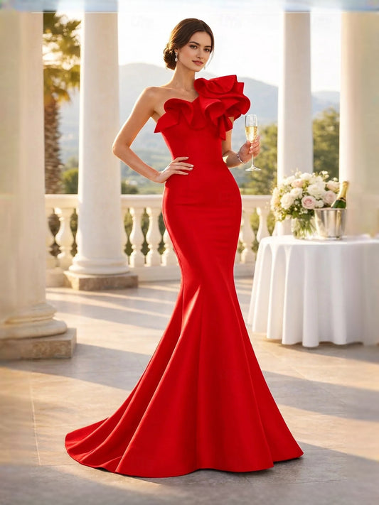 Red midi prom dress, alternate view showing the bodice and skirt