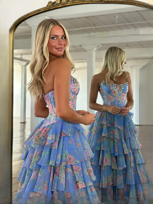 Floral maxi prom dress, alternate view showing the bodice and skirt