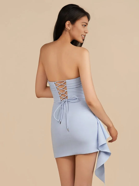 Light Blue mini homecoming dress, back view showing the rear of the dress