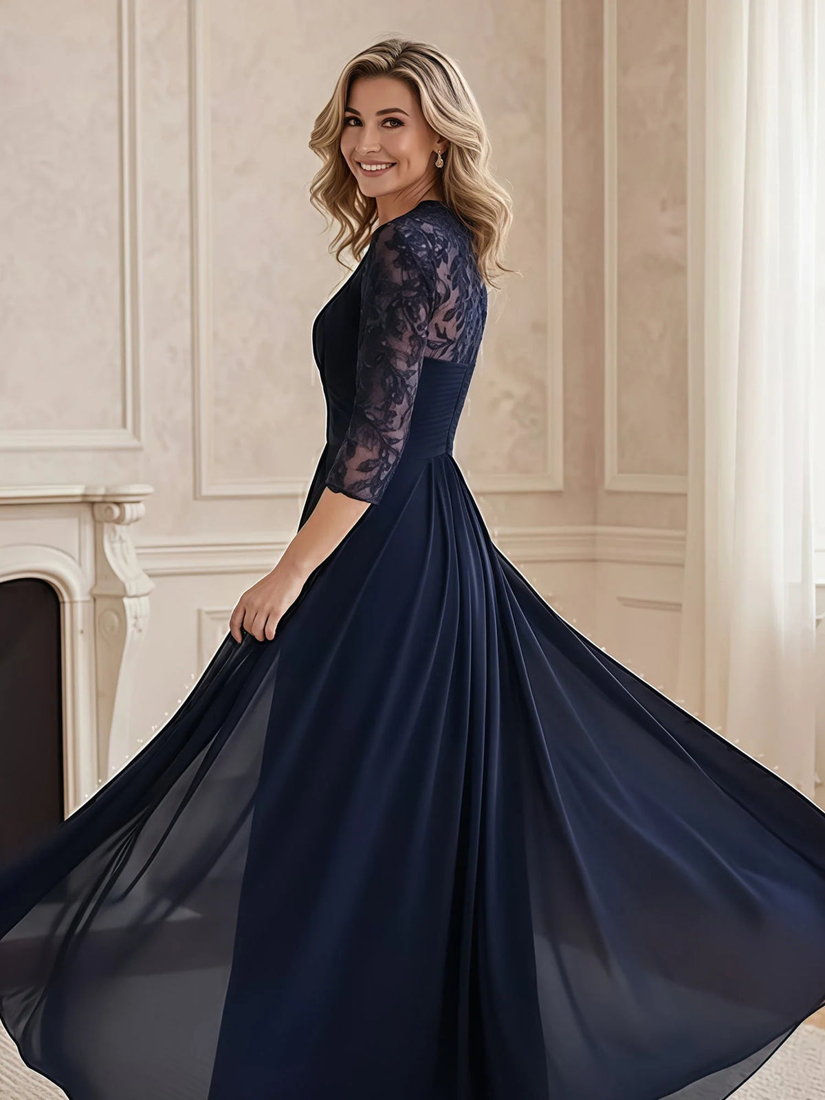 Dark Navy a-line floor-length formal dress with ruching, alternate view