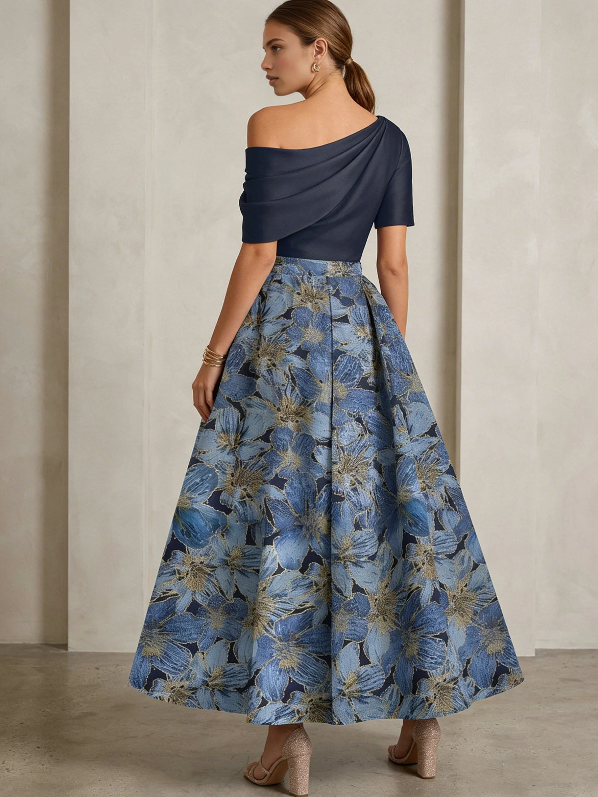 Navy Blue short mother of the bride dress, alternate view showing the bodice and skirt