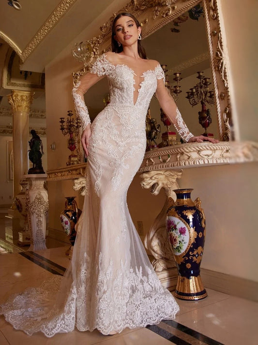 Ivory floor-length wedding dress, alternate view showing the bodice and skirt