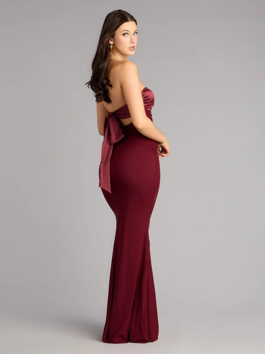 Wine mermaid floor-length formal dress with bow detail, alternate view