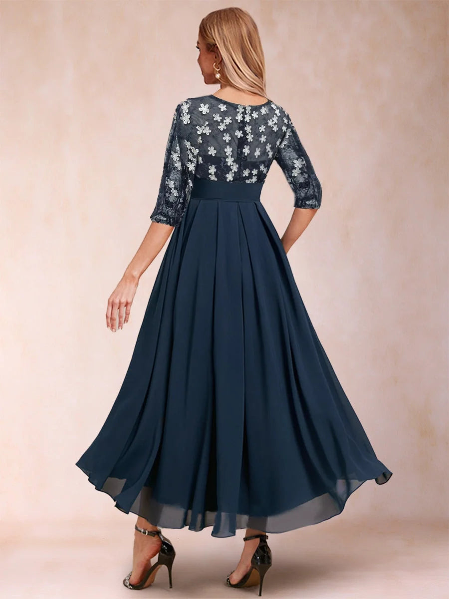Navy Blue midi mother of the bride dress, alternate view showing the bodice and skirt