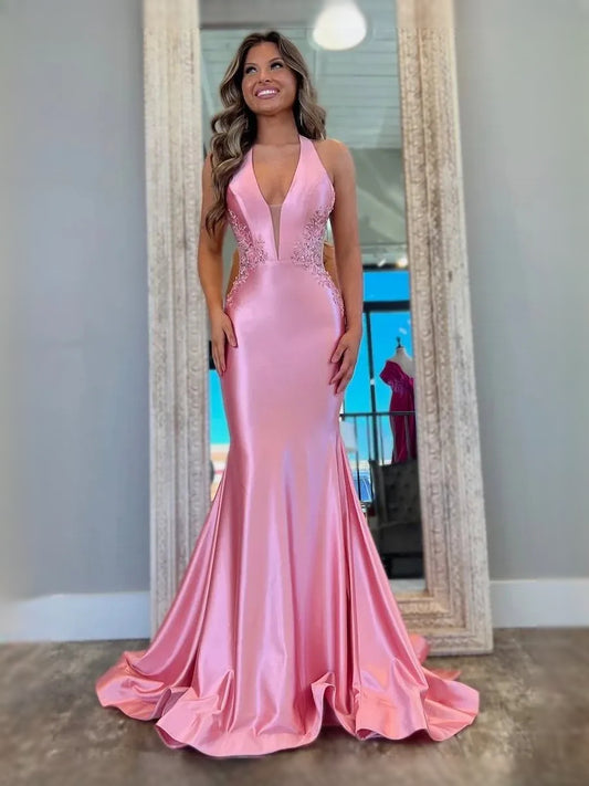 Pink maxi prom dress, back view showing the rear of the dress