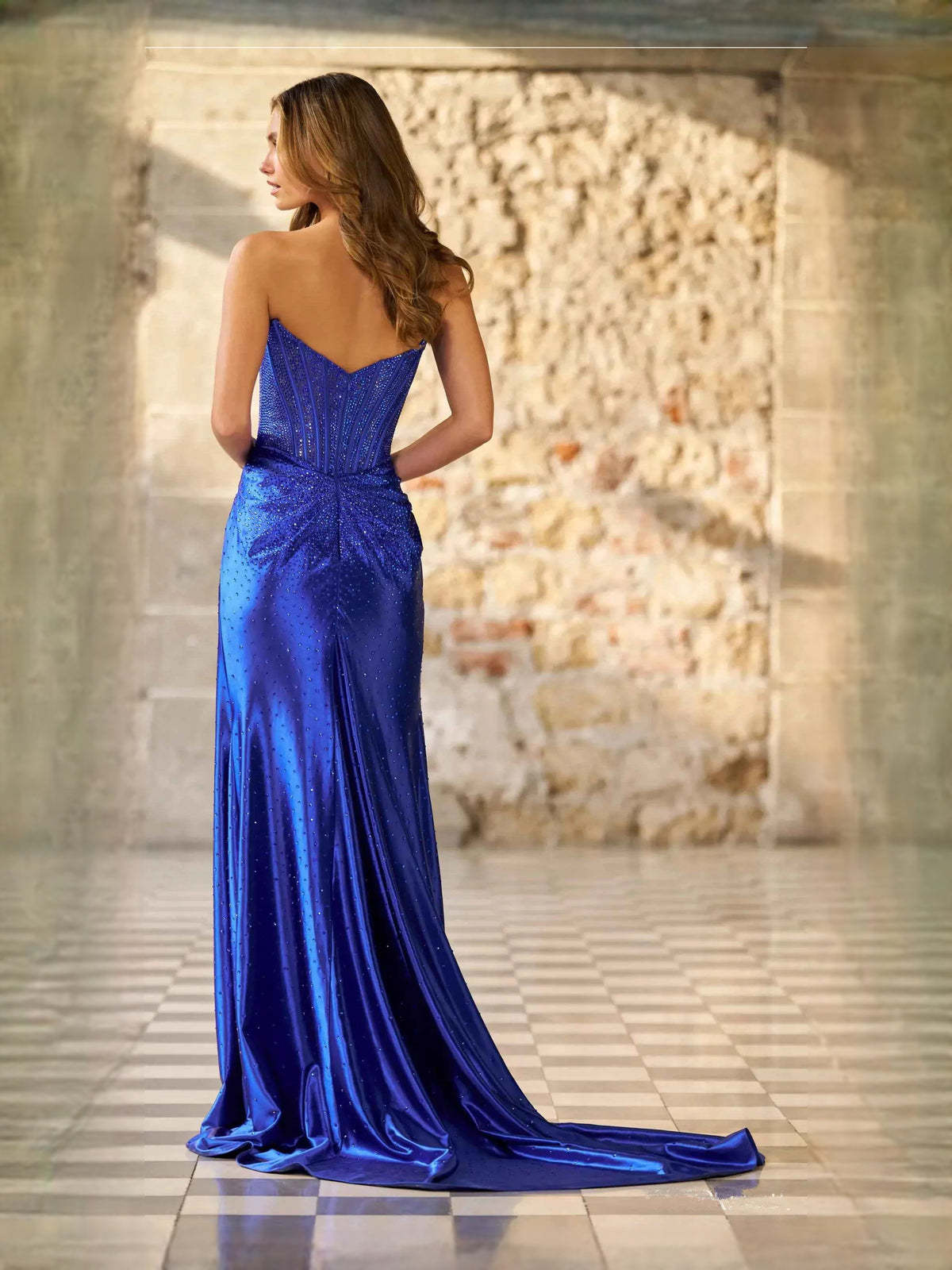Cobalt Blue maxi prom dress, alternate view showing the bodice and skirt