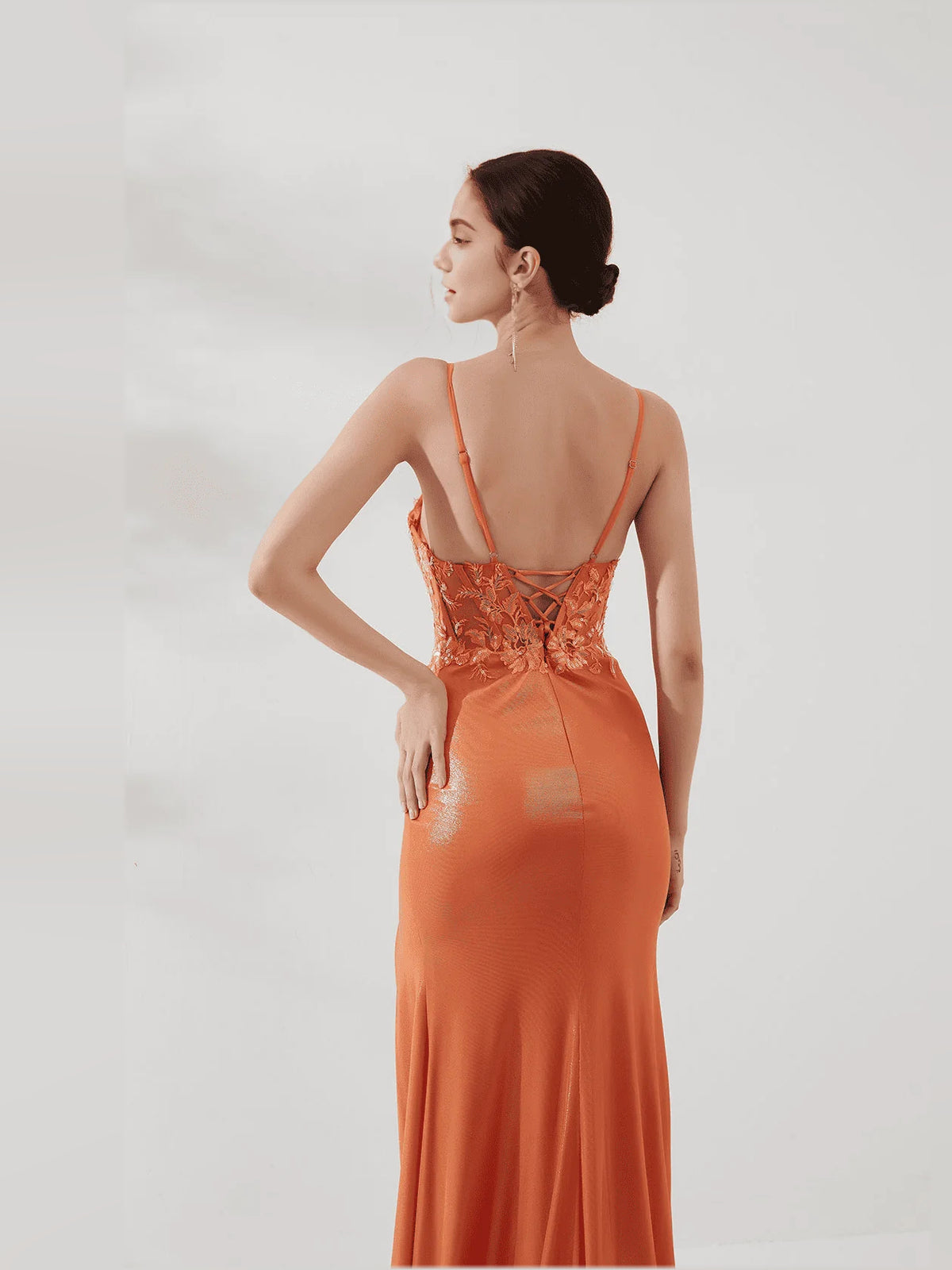 Orange floor-length prom dress, alternate view showing the bodice and skirt