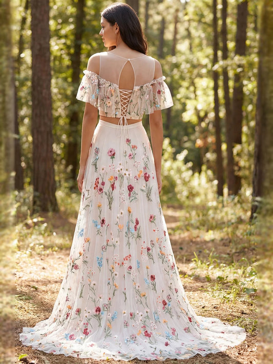 Ivory maxi bridesmaid dress, alternate view showing the bodice and skirt