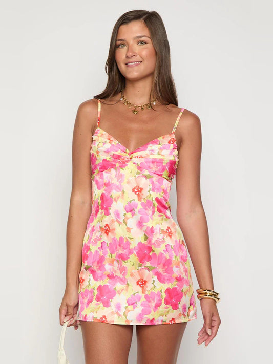 Yellow Floral mini homecoming dress, alternate view showing the bodice and skirt