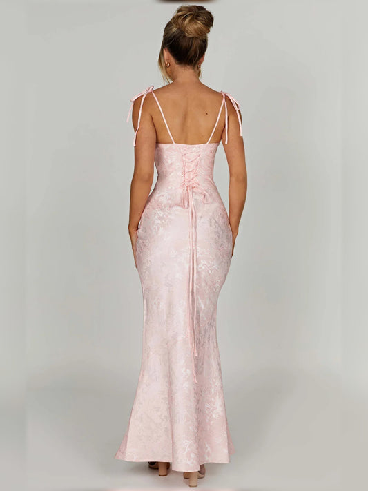 Blush Pink mermaid floor-length formal dress with floral print, alternate view