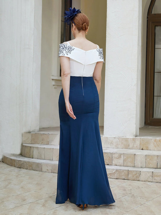 Navy Blue mermaid floor-length formal dress with embroidery, alternate view