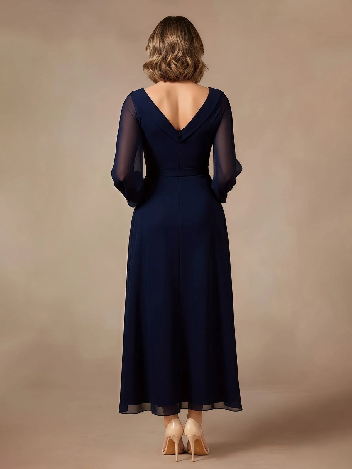 Dark Navy floor-length mother of the bride dress, alternate view showing the bodice and skirt