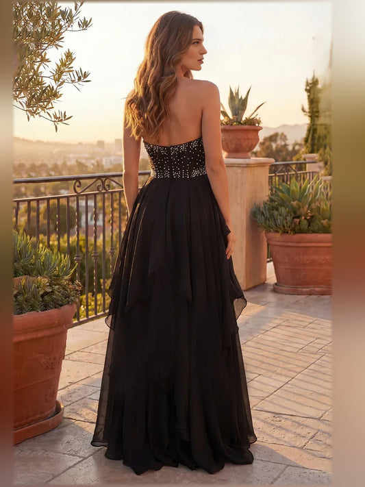 Black floor-length formal dress with ruffle details, alternate view