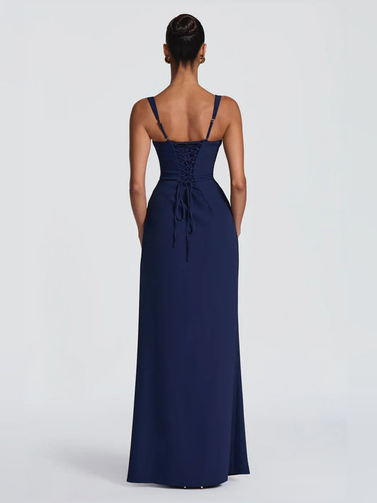 Dark Navy mermaid floor-length formal dress with skirt slit, alternate view
