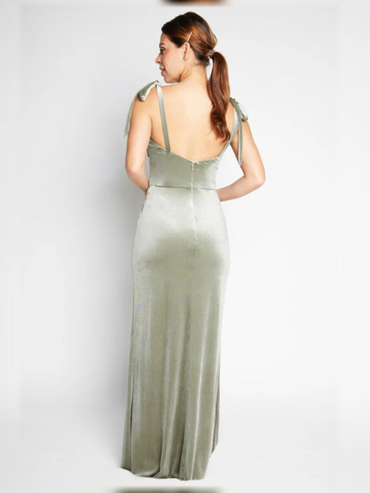 Sage Green maxi bridesmaid dress, alternate view showing the bodice and skirt