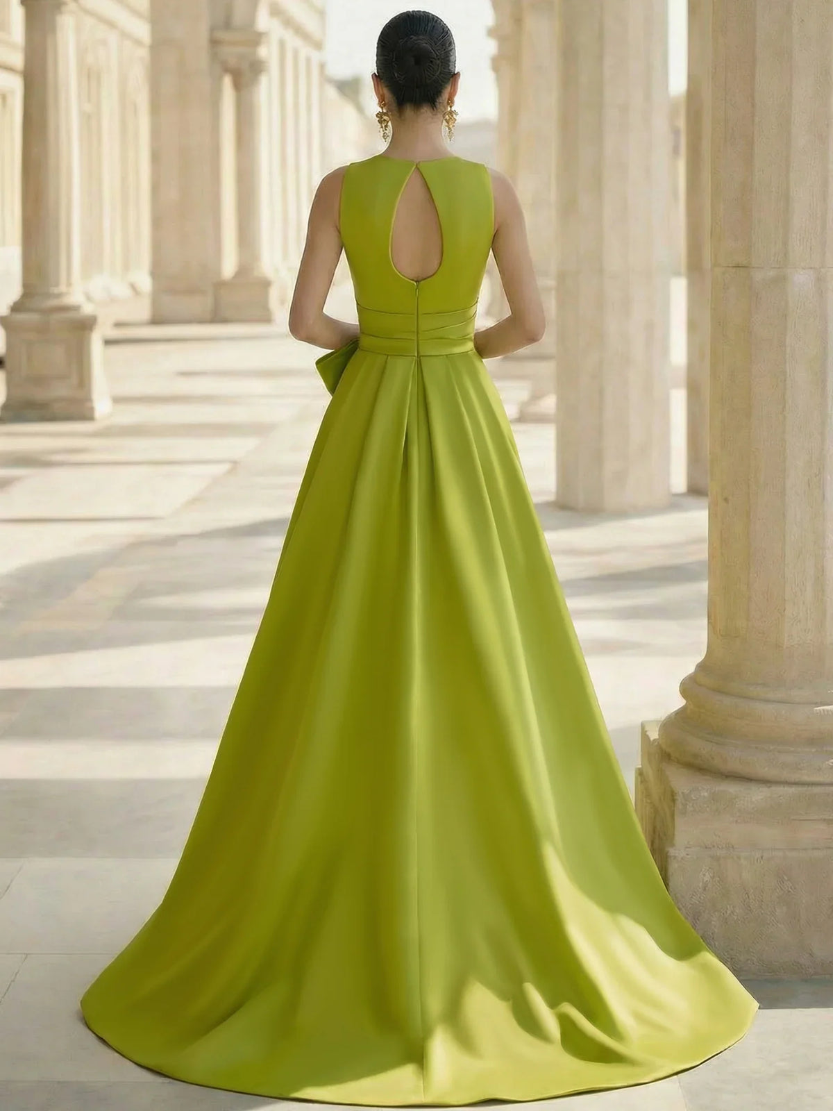 Olive Green a-line floor-length formal dress with bow detail, alternate view