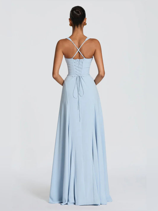 Light Blue a-line floor-length formal dress with corset-style bodice, alternate view