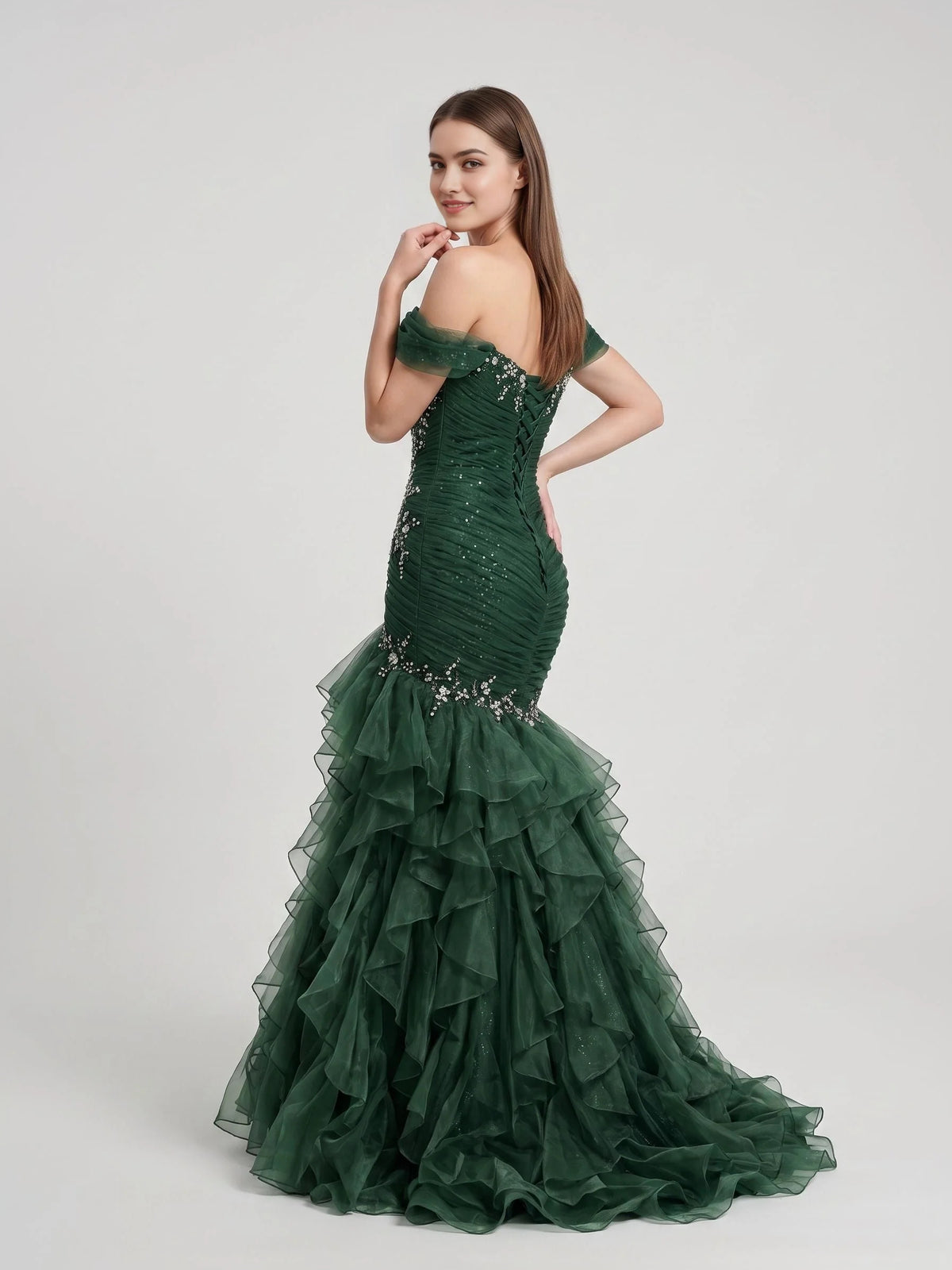 Emerald Green mermaid floor-length formal dress with ruffle details, alternate view