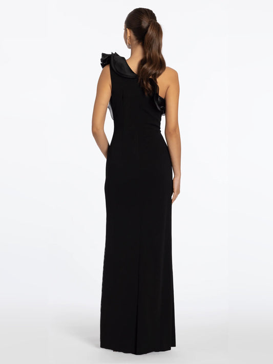 Black sheath floor-length formal dress with ruffle details, alternate view