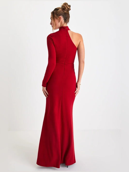 Red sheath maxi formal dress with cutout detail, full-length back view
