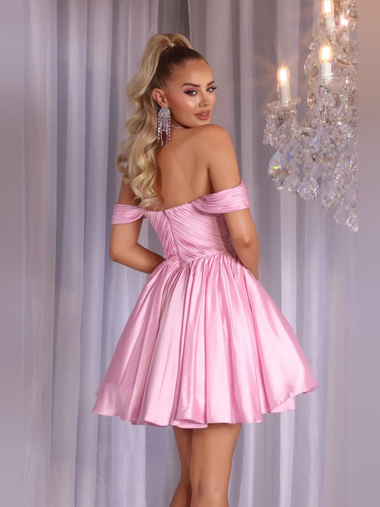 Pink mini homecoming dress, back view showing the rear of the dress