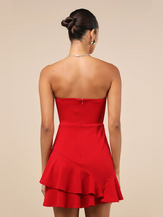 Red mini homecoming dress, alternate view showing the bodice and skirt